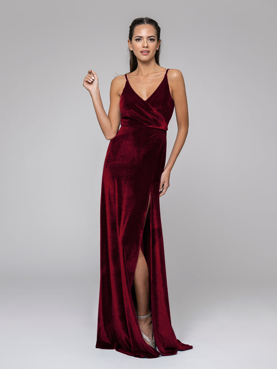 V Neck Velvet Sheath Bridal Party Dresses With Slit – Yelure