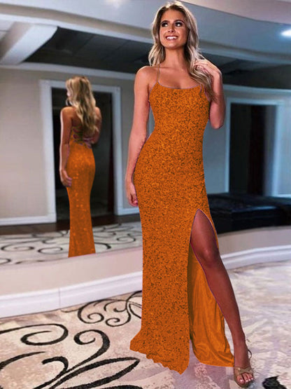 Sheath Spaghetti Straps Sleeveless Long Velvet Sequin Prom Dress