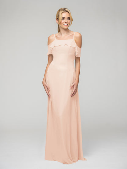 Cold Shoulder Ruffles Chiffon Bridesmaid Dresses With Open Back