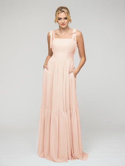 Tied Strap Tiered Smock Open Back Chiffon Bridesmaid Dresses