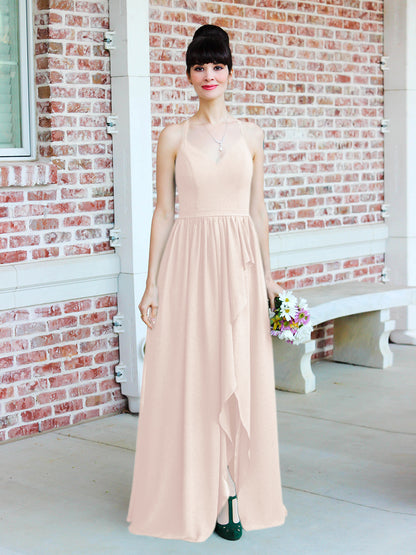 Chiffon Tie Back Bridesmaid Dresses With Ruffles Slit