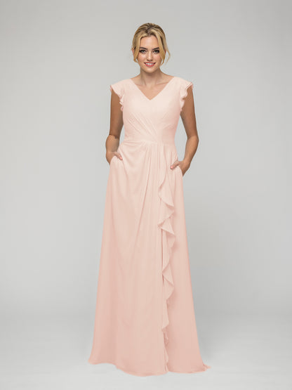 V Neck Chiffon Cap Sleeves Long Bridesmaid Dresses