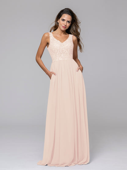 Applique V Neck Keyhole Back A Line Bridesmaid Dresses