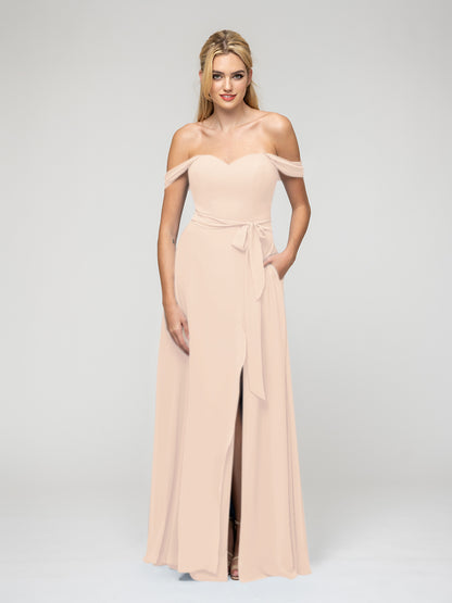 Slit A Line Chiffon Off The Shoulder Bridesmaid Dresses