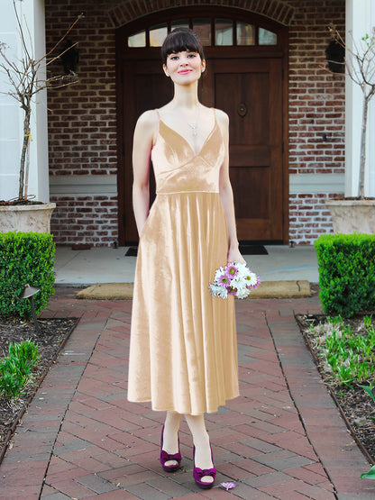 Glamorous A Line Tea Length Velvet Bridesmaid Dresses