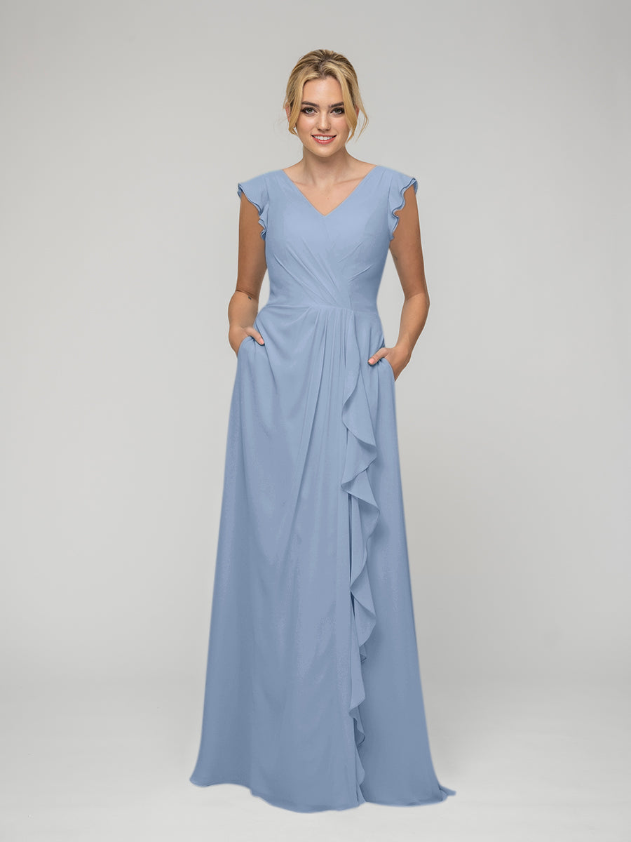 Long bridesmaid dress with flutter hot sale cap sleeves