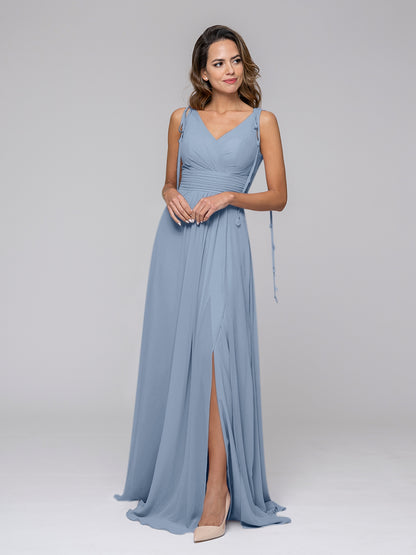 Tassel Straps V Neck Chiffon Bridesmaid Dresses With Slit Skirt