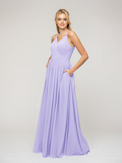 A Line Keyhole Back Chiffon Spaghetti Straps Bridesmaid Dresses