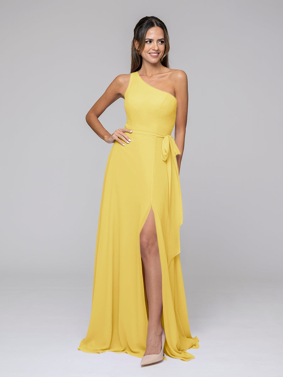 One Shoulder Slit Chiffon Bridesmaid Dresses With Sash – Yelure