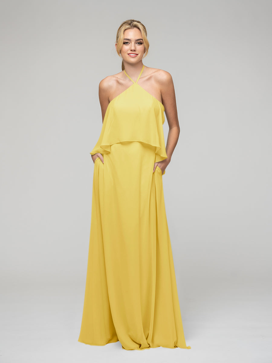 Yellow Long Halter Bridesmaid Dresses