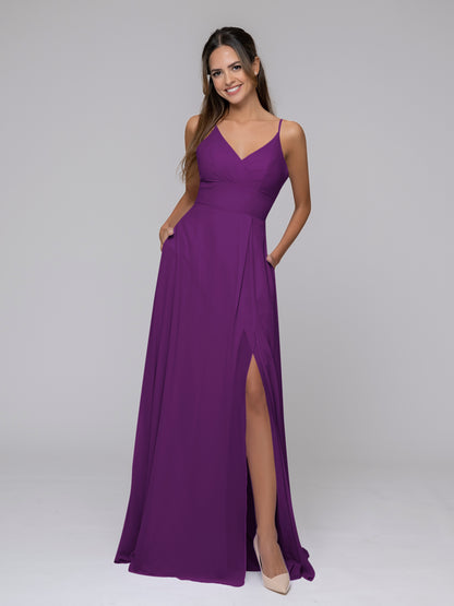 V Neck Spaghetti Strap Chiffon Bridesmaid Dresses With Slit