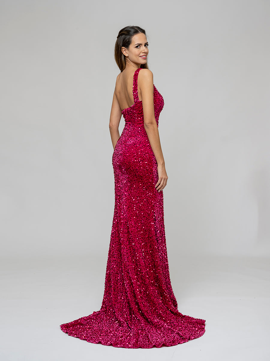 Hot Pink Side Split One Shoulder Fitted Prom Gown