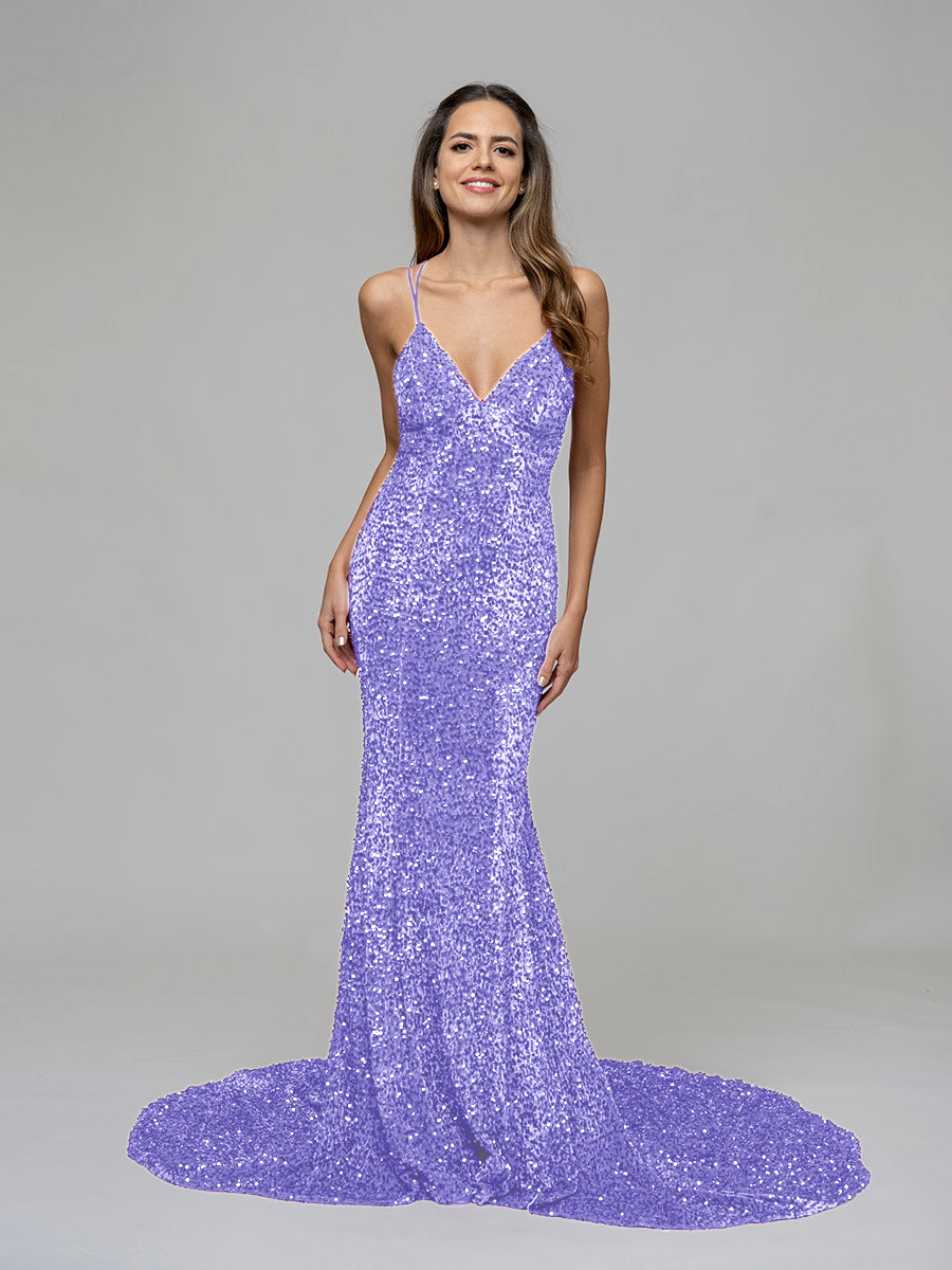 Long Sheath Sparkly Sequin Prom Dresses V-neck Criss-cross Back Court Train  – Yelure
