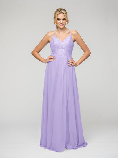 Lace Bodice Chiffon V Neck Bridesmaid Dresses With Keyhole Back