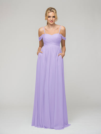 Cold Shoulder Chiffon Bridesmaid Dresses With Draped Bodice