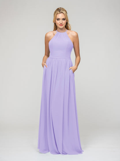 Pleats Bodice Chiffon Halter A Line Bridesmaid Dresses