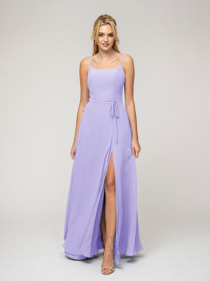 A Line Scoop Neckline Chiffon Slit Belt Bridesmaid Dresses