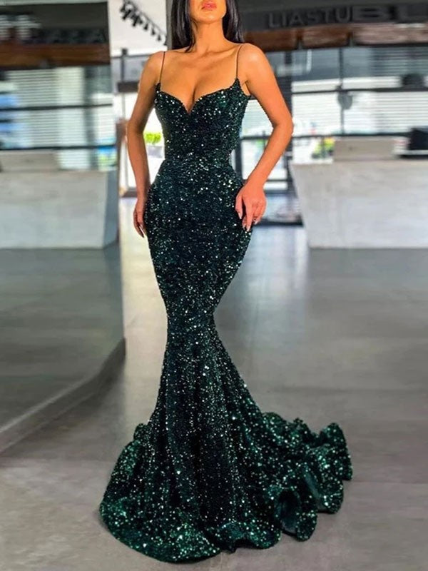 Mermaid Spaghetti Straps Sleeveless Long Sweep Train Velvet Sequin Prom Dress