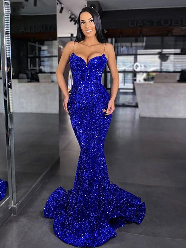 Mermaid Spaghetti Straps Sleeveless Long Sweep Train Velvet Sequin Prom Dress