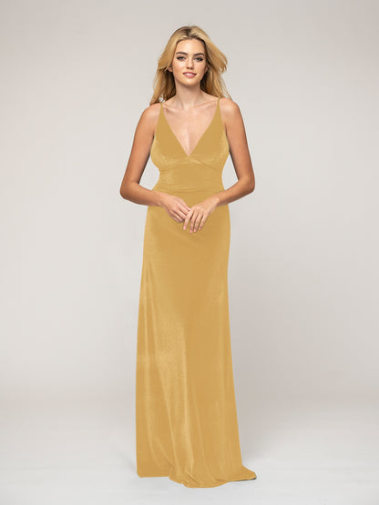 Deep V Neck Straps Velvet Sheath Long Bridesmaid Dresses