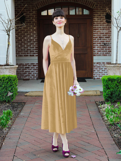 Glamorous A Line Tea Length Velvet Bridesmaid Dresses