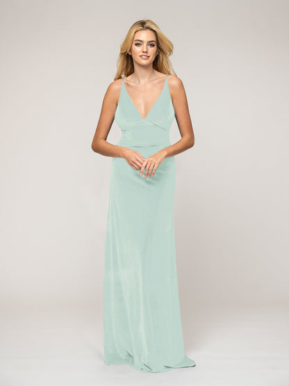 Deep V Neck Straps Velvet Sheath Long Bridesmaid Dresses