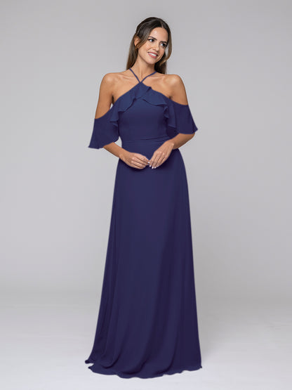 Halter Ruffles Off The Shoulder Chiffon Floor Length Bridesmaid Dresses