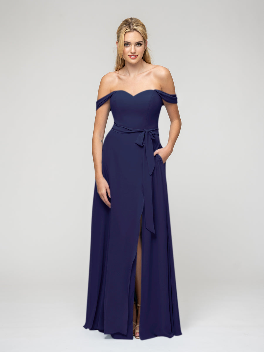 Beatrice Crepe Bardot Maxi Dress Blue Bardot Navy Bridesmaid