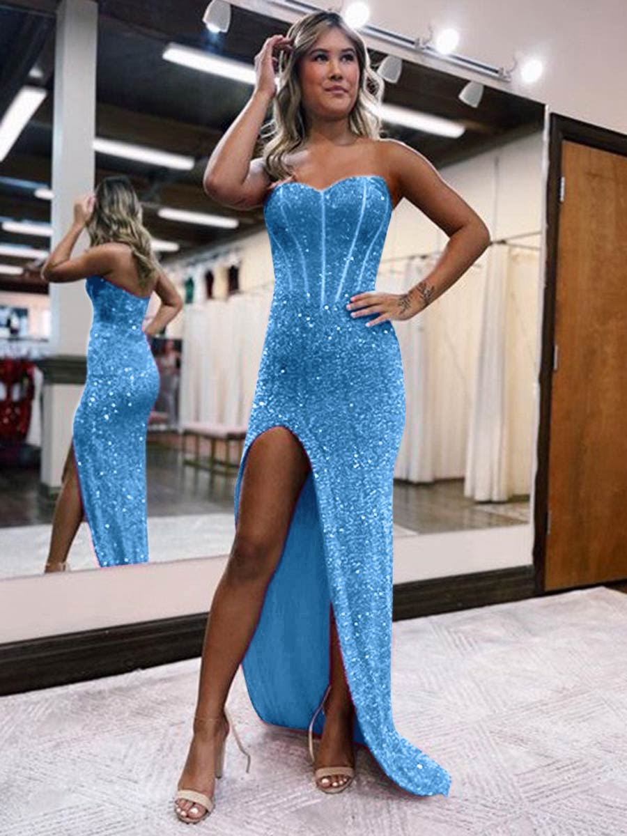 Blue Strapless Sweetheart Prom Dresses