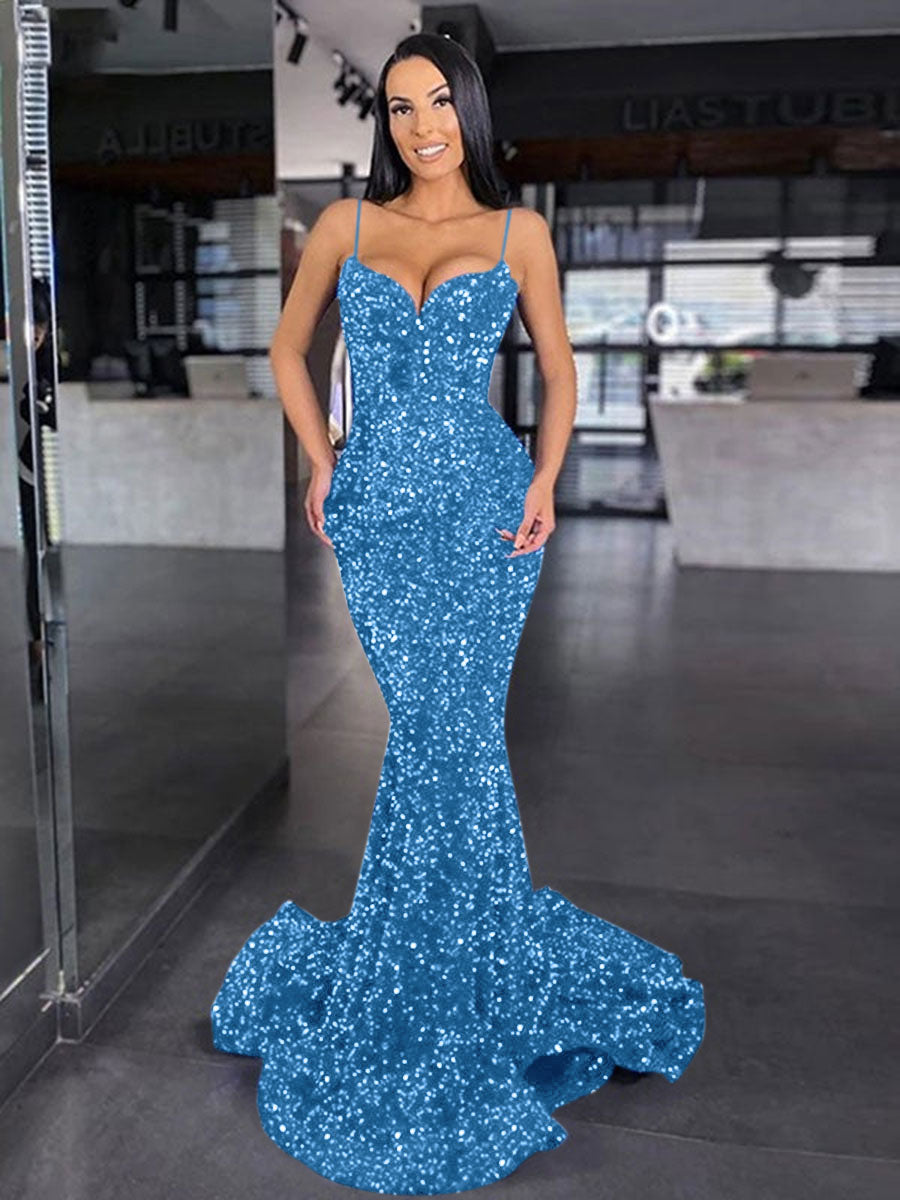 Mermaid Spaghetti Straps Sleeveless Long Sweep Train Velvet Sequin Prom Dress