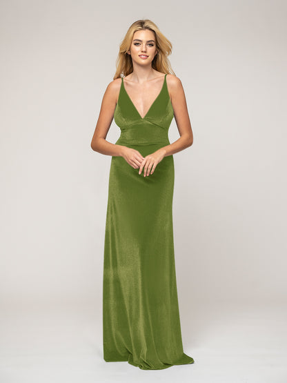 Deep V Neck Straps Velvet Sheath Long Bridesmaid Dresses