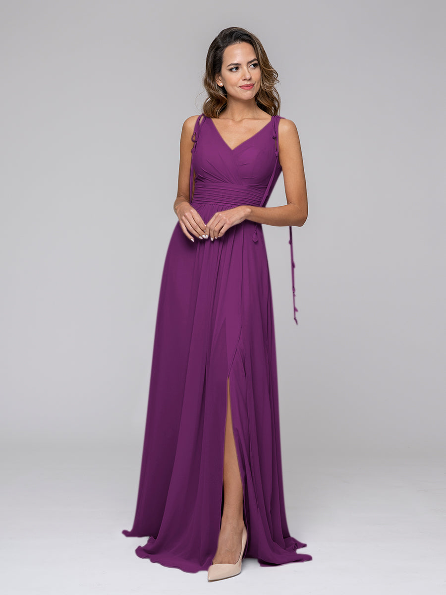 Tassel Straps V Neck Chiffon Bridesmaid Dresses With Slit Skirt – Yelure