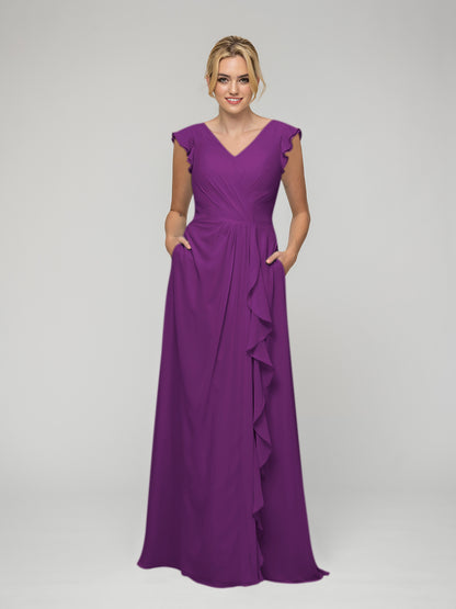 V Neck Chiffon Cap Sleeves Long Bridesmaid Dresses