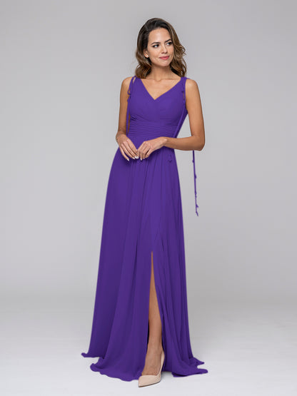 Tassel Straps V Neck Chiffon Bridesmaid Dresses With Slit Skirt