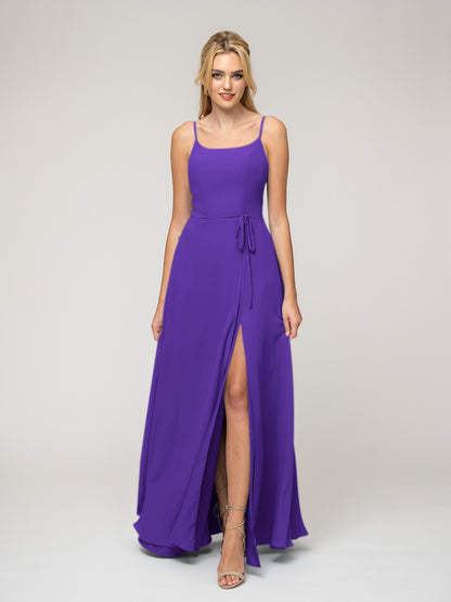 A Line Scoop Neckline Chiffon Slit Belt Bridesmaid Dresses