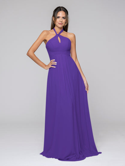 Tie-neck Halter Sleeveless Wedding Bridesmaid Dresses With Ruched Waist