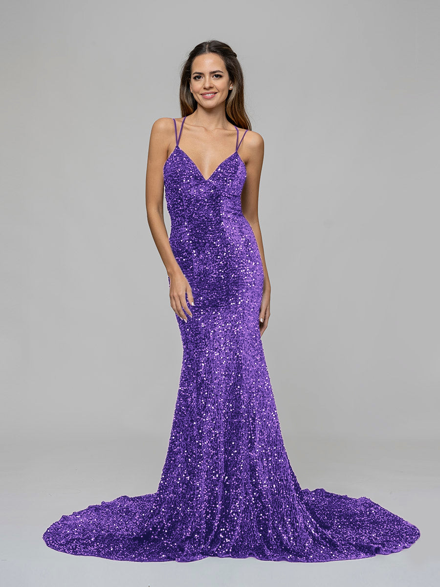 Women's Spaghetti Straps Purple Sequins Sparkly Prom Dress with Slit, –  NiceVestidos