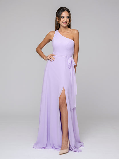 Lilac One Shoulder Slit Chiffon Bridesmaid Dresses With Sash