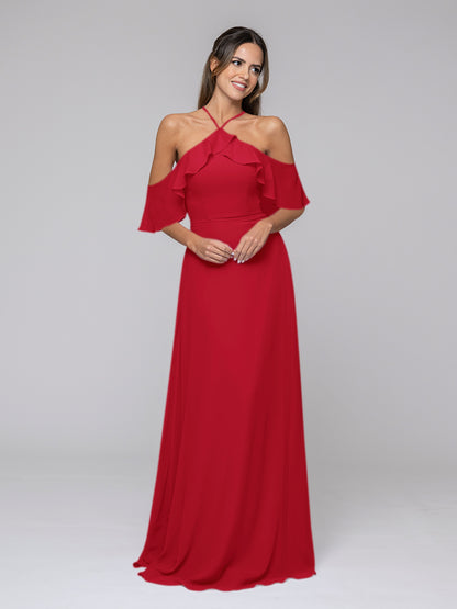 Halter Ruffles Off The Shoulder Chiffon Floor Length Bridesmaid Dresses