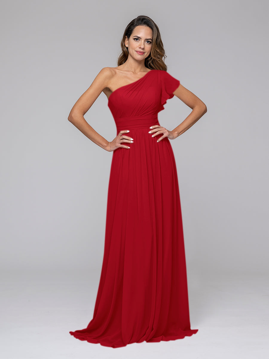 Red One Shoulder Chiffon Dress