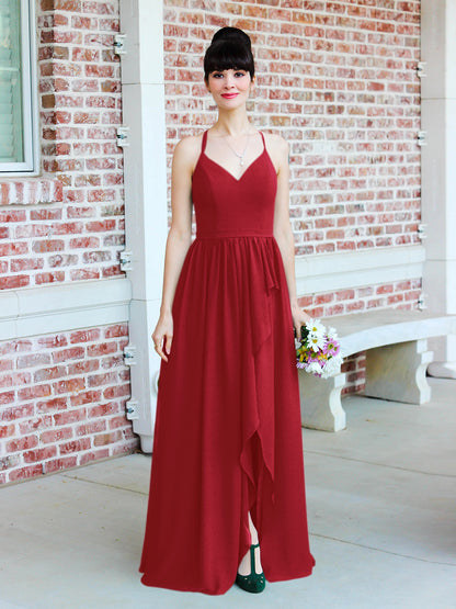 Chiffon Tie Back Bridesmaid Dresses With Ruffles Slit