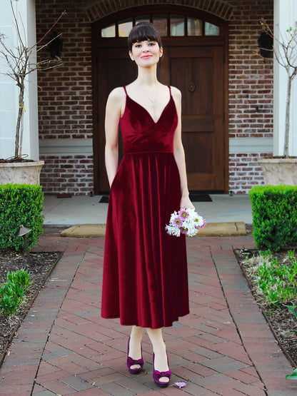 Glamorous A Line Tea Length Velvet Bridesmaid Dresses