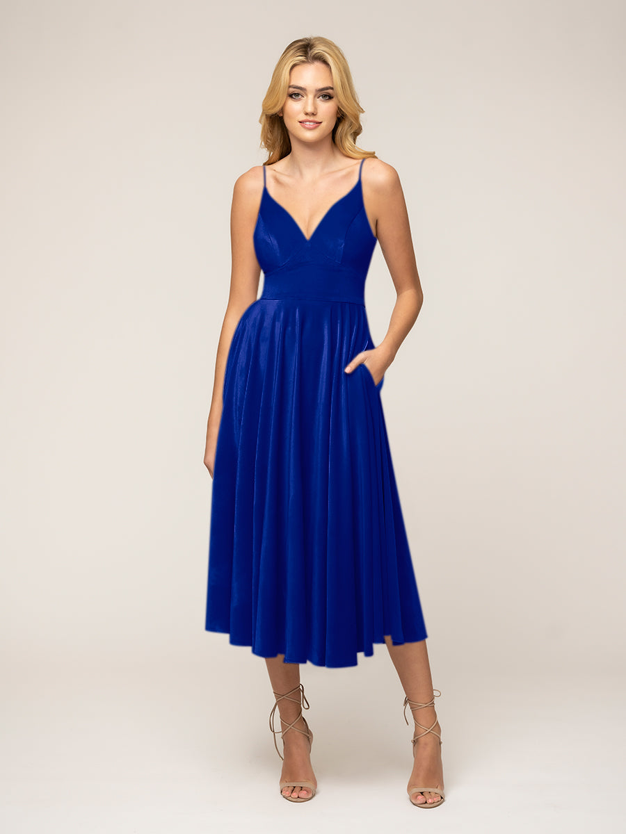 Straps A-line Velvet Midi Dress Spaghetti Strap Velour Wedding Guest Dress  – Yelure