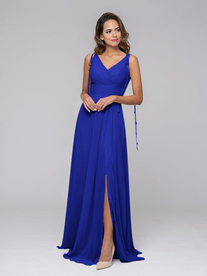 Tassel Straps V Neck Chiffon Bridesmaid Dresses With Slit Skirt