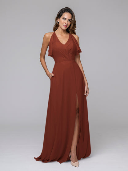 Ruffles V Neck Floor Length Chiffon Bridesmaid Dresses