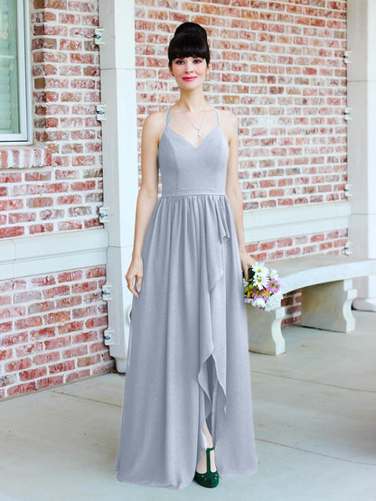 Chiffon Tie Back Bridesmaid Dresses With Ruffles Slit