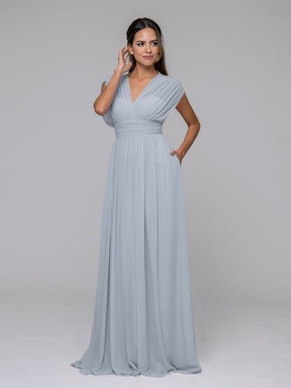 Chiffon V Neck Cap Sleeve Floor Length Bridesmaid Dresses