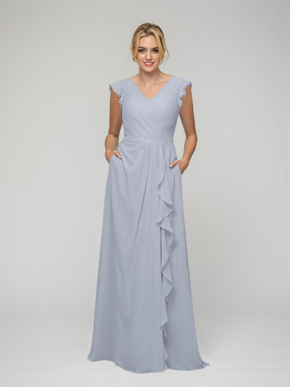 V Neck Chiffon Cap Sleeves Long Bridesmaid Dresses