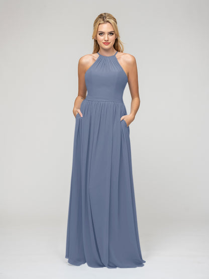 Pleats Bodice Chiffon Halter A Line Bridesmaid Dresses