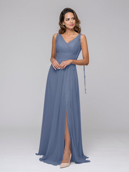 Tassel Straps V Neck Chiffon Bridesmaid Dresses With Slit Skirt